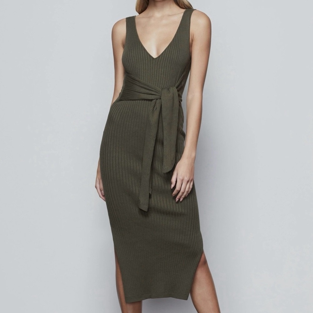 Good American Ribbed Olive Maxi Dress w/ waist tie